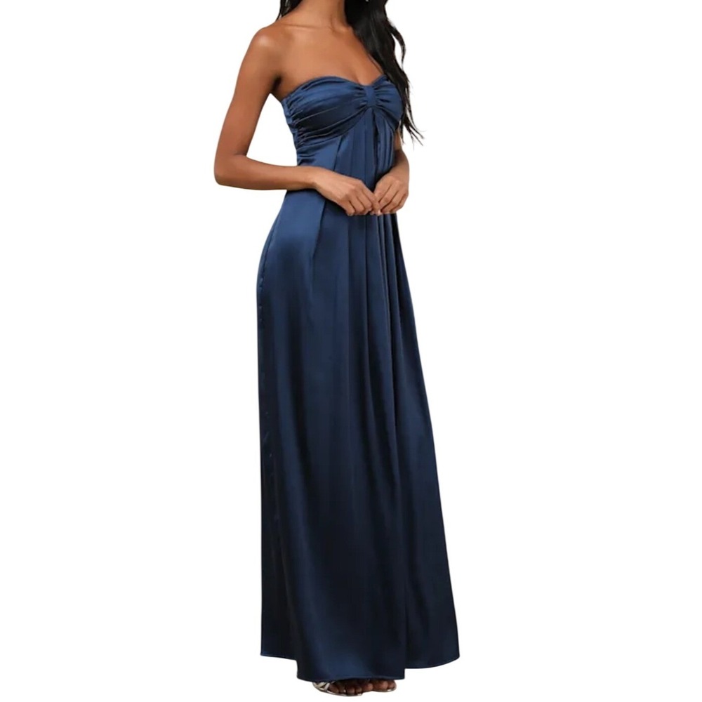 NWT Lulus Memorable Entrance Dark Blue Strapless Satin Maxi Dress XXS Gown Party